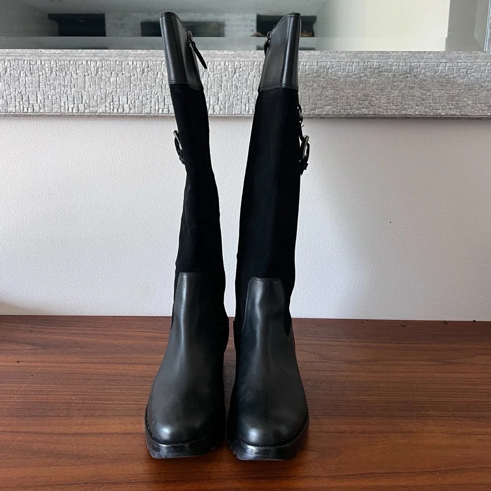 Cole Haan Women's Black Leather Suede Knee High Boots Buckle Strap Size 8B
